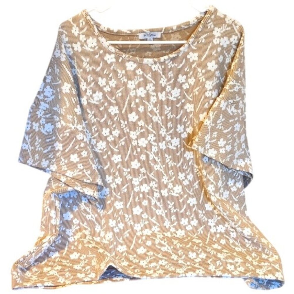 Polygram Elegant Beige Floral Top Women's Size 3XL Textured Boho Elegant Beauty